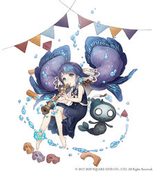  aged_down anklet aqua_eyes barefoot dress earrings female fins flute full_body instrument jewelry ji_no long_hair looking_at_viewer mermaid monster_girl music nightmare_(sinoalice) ningyo_hime_(sinoalice) official_art photoshop_(medium) playing_instrument purple_hair recorder sailor_collar sinoalice solo toy_block toy_car very_long_hair water white_background 