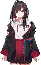  absurdres belt black_hair black_jacket blush breasts colored_inner_hair female highres hizuki_yui hood hoodie jacket medium_breasts multicolored_hair neo-porte off_shoulder red_belt red_hair red_skirt shirasu_uni simple_background skirt smile solo virtual_youtuber white_background white_hoodie 