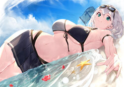  bikini gray_hair green_eyes hololive shirogane_noel short_hair swimsuit takubon 