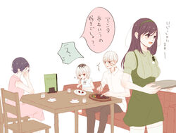  1boy 3girls bad_id bad_pixiv_id bare_arms black_hair breasts chair collared_shirt commentary_request couch dress eating food fork from_side glass glasses green_dress green_shirt hairband highres holding holding_fork holding_knife kamishiro_rize kaneki_ichika kaneki_ken kirishima_touka knife long_hair menu multicolored_hair multiple_girls open_mouth plate red_eyes restaurant shirt short_hair sitting table tokyo_ghoul toukaairab tray two-tone_hair waitress white_background white_shirt 