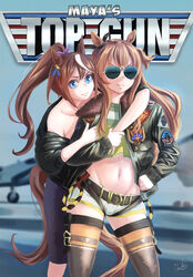  2girls animal_ears aviator_sunglasses blue_eyes blue_sky blurry blurry_background bomber_jacket brown_hair charlie_blackwood commentary_request cosplay crop_top day ear_ribbon green_jacket high_ponytail highres horse_ears horse_girl horse_tail hug hug_from_behind jacket long_hair looking_at_viewer mayano_top_gun_(umamusume) multicolored_hair multiple_girls omichi_(gutteli) pete_&quot;maverick&quot;_mitchell pun short_shorts shorts sky streaked_hair sunglasses tail thighhighs tokai_teio_(umamusume) top_gun two-tone_hair two_side_up umamusume white_shorts 