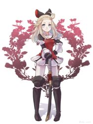  abi_mmo blonde_hair blue_eyes bow bravely_default:_flying_fairy bravely_default_(series) breasts closed_mouth edea_lee female gloves hairbow long_hair looking_at_viewer smile solo sword twitter_username weapon 