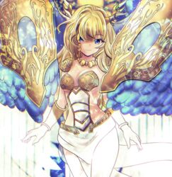  blonde_hair blue_eyes blue_wings breasts cowboy_shot duel_monster feathered_wings female hair_over_one_eye highres horns humanization jewelry long_hair medium_breasts necklace pelvic_curtain saffira_queen_of_dragons sideless_outfit smile solo usuba_kagerou_(shougyouchu) vambraces wings yu-gi-oh! 