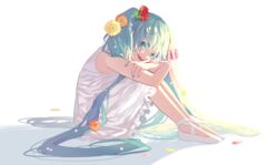  absurdres backlighting ballet_slippers bare_arms blue_eyes blue_hair blue_nails colored_eyelashes commentary crossed_arms dot_nose dress eyelashes eyes_visible_through_hair female fingernails flower frilled_dress frills full_body gerbera hair_flower hair_ornament happy hatsune_miku head_rest head_tilt highres knees_to_chest leaning_forward legs_together long_eyelashes long_hair looking_at_viewer niro_(sikabanekurui) on_floor open_mouth orange_flower petals pink_flower red_flower shadow simple_background sitting sleeveless sleeveless_dress smile solo tareme teeth twintails upper_teeth_only very_long_hair vocaloid white_background white_dress white_footwear yellow_flower 