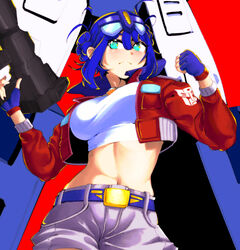  absurdres archives.gokulism autobot belt blue_belt blue_eyes blue_hair blush breasts clenched_hand commentary crop_top cropped_jacket cropped_shirt double_bun english_commentary eyewear_on_head female frown glasses grey_shorts gun hair_behind_ear hair_bun highres holding holding_gun holding_weapon humanization jacket kotobukiya kotobukiya_bishoujo looking_to_the_side mecha midriff navel optimus_prime optimus_prime_(kotobukiya_bishoujo) red_background red_jacket robot shirt shorts transformers transformers:_generation_1 weapon white_shirt 