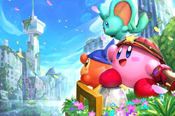  3boys :d antique_firearm bandana bandana_waddle_dee blue_bandana blue_eyes blue_sky blunderbuss building city cityscape copy_ability day elfilin flower gonzarez gun hat highres kirby kirby_(series) kirby_and_the_forgotten_land looking_up multiple_boys outdoors overgrown petals ranger_kirby ruins sky smile weapon 