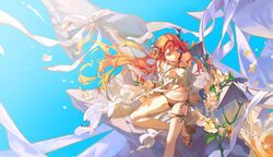  arknights female flower food highres horns ice_cream long_hair navel purple_eyes red_hair sandals sitting sundae surtr&#039;s_golem_(arknights) surtr_(arknights) surtr_(colorful_wonderland)_(arknights) swimsuit wushier 