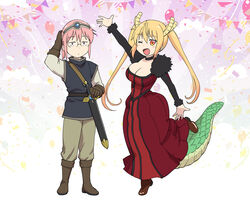  2girls blonde_hair breasts brown_gloves cleavage cosplay dragon_girl dragon_horns dragon_tail dress gloves gradient_hair highres horns kobayashi-san_chi_no_maidragon kobayashi_(maidragon) large_breasts large_tail long_hair looking_at_viewer maou_(maoyuu) maou_(maoyuu)_(cosplay) maoyuu_maou_yuusha multicolored_hair multiple_girls oerba_yun_fang one_eye_closed open_mouth orange_eyes orange_hair pink_eyes pink_hair red_dress sheath sheathed short_hair smile standing sword tail tohru_(maidragon) twintails ueyama_michirou weapon yuusha_(maoyuu) yuusha_(maoyuu)_(cosplay) 