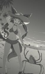  :d animal_ears barefoot beach bell bikini breasts choker crab ears_through_headwear female fisheye fox_ears fox_girl fox_tail frilled_bikini frills full_body greyscale happy hat highres holding_hands horizon indie_virtual_youtuber kira_kuroto monochrome navel neck_bell outdoors palm_tree round_eyewear small_breasts smile standing sun_hat sunset swimsuit tail tree tyrone virtual_youtuber 