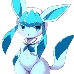  blue_eyes blue_fur blush body_fur clothed_pokemon commentary_request female furry furry_female glaceon hat kemoribon open_mouth pokemon pokemon_(creature) sailor_collar sailor_hat simple_background solo white_background wide_hips 