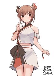  artist_name brown_eyes brown_hair cowboy_shot crop_top dated double_bun female hair_bun highres kantai_collection midriff official_alternate_costume owa_(ishtail) shirt short_hair simple_background skirt solo standing tan_yang_(kancolle) tan_yang_(summer_mode)_(kancolle) white_background white_shirt white_skirt yukikaze_(kancolle) 