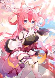  aged_down animal_ear_fluff animal_ears artist_request branch breasts cherry_blossoms detached_sleeves feet_out_of_frame female fox_shadow_puppet hanayono_menora hand_up highres indie_virtual_youtuber japanese_clothes long_hair medium_breasts open_mouth pink_hair purple_eyes second-party_source single_thighhigh solo thigh_strap thighhighs virtual_youtuber white_thighhighs 