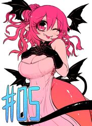  armpit_crease bat_wings black_wings boots breasts chapter_number dress fangs fangs_out female hands_on_own_chest head_wings highres large_breasts one_eye_closed pantyhose pink_eyes pink_hair sumire_(yakunitatsu_node_chi_o_kudasai) vampire vietnamese_dress white_dress wings yakunitatsu_node_chi_o_kudasai zyugoya 