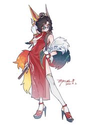  artist_name bird black_hair brave_phoenix_xayah china_dress chinese_clothes closed_mouth dated dress eyeshadow facial_mark female fingernails forehead_mark full_body hand_fan hand_on_own_hip high_heels highres holding holding_fan league_of_legends looking_at_viewer makeup nail_polish parted_lips red_nails sandals simple_background solo standing strappy_heels toeless_footwear toenail_polish toenails toes white_background xayah yellow_eyes ztdlb 