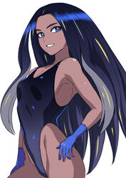  black_hair black_leotard blue_eyes blue_gloves breasts colored_inner_hair cowboy_shot dark-skinned_female dark_skin female geeta_(pokemon) gloves grey_hair hai_(h81908190) hand_on_own_hip highleg highleg_leotard highleg_swimsuit leotard long_hair multicolored_hair pokemon pokemon_sv simple_background small_breasts solo swimsuit white_background 