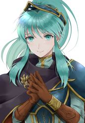  alternate_costume alternate_hairstyle aplche aqua_eyes aqua_hair armor breastplate brown_gloves cape cosplay earrings eirika_(fire_emblem) eirika_(pledged_restorer)_(fire_emblem) ephraim_(fire_emblem) ephraim_(fire_emblem)_(cosplay) female fire_emblem fire_emblem:_the_sacred_stones fire_emblem_heroes gloves hair_ornament highres jewelry long_hair looking_at_viewer official_alternate_costume own_hands_together ponytail shoulder_armor sidelocks smile solo upper_body white_background 