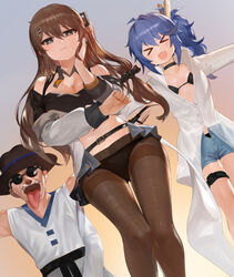  &gt;_&lt; 1boy 2girls :d absurdres black_panties blue_hair breasts brown_hair choi_bounge cleavage commentary_request country_connection crossover dokomon dutch_angle girls&#039;_frontline hair_ornament hat highres k11_(girls&#039;_frontline) k2_(girls&#039;_frontline) korean_commentary large_breasts long_hair looking_at_viewer messy_hair multiple_girls navel oerba_yun_fang one_side_up open_mouth panties panties_under_pantyhose pantyhose shorts showgirl_skirt side_ponytail skin_fang smile sunglasses the_king_of_fighters tongue underwear 