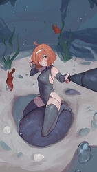  absurdres air_bubble antenna_hair armpits bare_shoulders black_gloves black_one-piece_swimsuit black_thighhighs bob_cut boulder breasts breath brown_eyes brown_hair bubble commentary elbow_gloves english_commentary female fingerless_gloves fish full_body gloves grin hairband halterneck head_tilt highres kelp kneeling on_ground one-piece_swimsuit one_eye_closed original rock rou_(rou22) sand selfie selfie_stick small_breasts smile solo swimsuit thighhighs underwater v white_hairband 