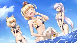  4girls absurdres axelsworks azur_lane beach belfast_(azur_lane) bikini black_bikini blonde_hair blue_sky braid breasts broken broken_chain carrying chains closed_eyes crown day french_braid hair_ears hair_over_one_eye highres large_breasts long_hair maid_headdress medium_breasts mini_crown multiple_girls navel ocean open_mouth outdoors ponytail purple_eyes queen_elizabeth_(azur_lane) sand sheffield_(azur_lane) sky small_breasts smile swimsuit warspite_(azur_lane) water white_hair yellow_eyes 