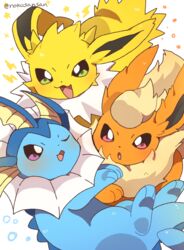  2022 ambiguous_gender artist_name black_inner_ear blue_body blush digital_media_(artwork) eeveelution feral fin fin_frill flareon frill_(anatomy) fur generation_1_pokemon green_eyes group head_crest head_frill jolteon multicolored_body multicolored_fur neck_frill nintendo nokosansan one_eye_closed open_mouth open_smile orange_body orange_fur pink_eyes pokemon pokemon_(species) purple_eyes quadruped simple_background smile sparkles tan_body tan_fur trio vaporeon white_background white_body white_fur yellow_body yellow_fur 