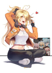  5girls adjusting_hair ahoge artist_name black_choker black_gloves black_pants blonde_hair blush breasts centaureissi_(neural_cloud) character_name chinese_commentary choker collarbone commentary_request crossed_legs feet fingerless_gloves florence_(neural_cloud) full_body fur-trimmed_jacket fur_trim g36_(girls&#039;_frontline) girls&#039;_frontline girls&#039;_frontline_neural_cloud gloves hand_in_own_hair heart hebai_xiaochuan highres holding holding_star jacket jewelry long_hair long_sleeves looking_at_viewer medallion medium_breasts multiple_girls nail_polish navel necklace no_shoes open_clothes open_jacket open_mouth orange_eyes orange_jacket orange_nails pa-15_(girls&#039;_frontline) pants parted_lips persicaria_(neural_cloud) ponytail shadow shirt sidelocks sitting smile socks sol_(neural_cloud) soles star_(symbol) stomach teeth upper_teeth_only white_background white_shirt white_socks willow_(neural_cloud) 