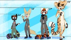  ailurid anthro big_tail black_fingers black_toes blue_eyes bottomwear canid canine charlie_(razumi) chart cheetah clothing dark_body dark_fur dark_sclera djikki felid feline female fennec_fox fox fur group height_chart hi_res jumpsuit male mammal matthews(razumi) military military_uniform multicolored_tail orange_body orange_fur pants rainbow_tail razumi red_body red_fur red_panda riffen rolled_up_sleeves size_difference spots standing sweatshirt tail tan_body tan_fur toony true_fox uniform white_body white_fingers white_fur white_toes yellow_eyes 