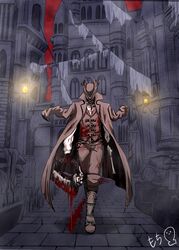  1boy barrel blood blood_on_clothes blood_on_weapon blood_trail bloodborne boots brown_footwear brown_headwear brown_pants brown_vest candle city cityscape clothesline full_body goth_fashion gun handgun hat hidden_face highres holding holding_weapon horror_(theme) hunter_(bloodborne) jacket jacket_on_shoulders lantern long_coat male_focus mochimochi1082 pants red_sky saw saw_cleaver signature sky statue trail vest walking weapon yharnam 