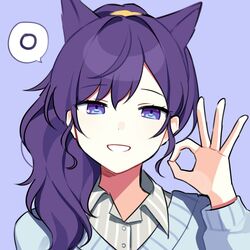  animal_ears asahina_mafuyu blue_background blue_cardigan cardigan cat_ears commentary female grey_shirt grin hand_up high_ponytail long_hair long_sleeves looking_at_viewer ok_sign playstation_symbols ponytail portrait project_sekai shirt smile solo spoken_o symbol-only_commentary waka_(wk4444) 