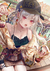  bare_shoulders baseball_cap belt black_shirt black_skirt blush bra_strap braid breasts cleavage commentary_request cup earrings female food grey_hair hat highres holding holding_cup holding_food ito_lab jewelry long_sleeves looking_at_viewer medium_breasts multiple_rings off_shoulder open_clothes open_mouth original outdoors pleated_shirt red_eyes ring shirt sitting skirt solo 