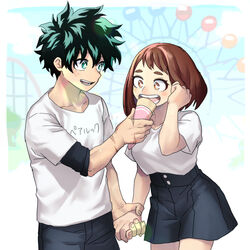  1boy amusement_park blouse blush boku_no_hero_academia brown_eyes brown_hair casual collarbone couple crepe dating eating female food green_eyes green_hair hand_on_own_ear hk_(nt) holding_hands midoriya_izuku sharing_food shirt straight uraraka_ochako white_shirt 