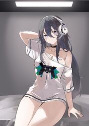  arm_behind_head arm_support arm_up bed black_choker black_hair breasts choker cleavage collarbone cowboy_shot exia_(nikke) female game_controller_print goddess_of_victory:_nikke hair_between_eyes headphones headset highres long_hair medium_breasts nakamura_nagare off-shoulder_shirt off_shoulder purple_eyes shirt sidelocks sitting solo thighs white_shirt 