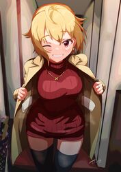  ;d absurdres ahoge black_thighhighs blonde_hair coat commentary_request female flashing highres ibuki_tsubasa idolmaster idolmaster_million_live! indoors jewelry looking_at_viewer necklace no_pants one_eye_closed red_sweater ribbed_sweater sanami_(sanami_t_38) smile solo sweater thighhighs trench_coat zettai_ryouiki 