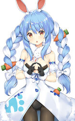  :o animal_ear_fluff animal_ears bare_shoulders black_bra black_gloves black_leotard black_pantyhose blue_hair blue_ribbon blush bow bra braid breasts brown_pantyhose carrot_hair_ornament carrot_print chestnut_mouth cleavage commentary_request cowboy_shot detached_sleeves don-chan_(usada_pekora) dress female fingers_together food-themed_hair_ornament food_print fuji_noyume fur_trim gloves hair_between_eyes hair_ornament highres hololive leotard long_hair looking_at_viewer multicolored_hair orange_eyes pantyhose pom_pom_(clothes) puffy_short_sleeves puffy_sleeves rabbit-shaped_pupils rabbit_ears rabbit_girl ribbon short_sleeves sidelocks simple_background small_breasts solo standing symbol-shaped_pupils thick_eyebrows thigh_gap twin_braids twintails two-tone_hair underwear usada_pekora usada_pekora_(1st_costume) very_long_hair virtual_youtuber white_background white_bow white_dress white_hair 