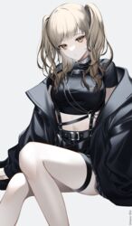  :o artist_name belt black_belt black_coat black_shirt black_skirt blonde_hair brown_eyes chest_harness coat crop_top cropped_shirt female goth_fashion harness highres leather_belt long_hair looking_at_viewer miniskirt nijisanji official_alternate_costume official_alternate_hairstyle open_clothes open_coat parted_lips shirt short_sleeves sister_claire sister_claire_(9th_costume) sitting skirt solo suspender_skirt suspenders t-shirt thigh_strap two_side_up umeno_shii virtual_youtuber wavy_hair white_background 