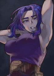  armpits arms_up boku_no_hero_academia breasts chibi_228 female highres lady_nagant large_breasts looking_at_viewer multicolored_hair pink_hair purple_eyes purple_hair purple_shirt shirt short_hair sleeveless solo 