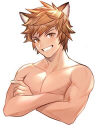  1boy animal_ears brown_hair commentary cropped_torso crossed_arms gran_(granblue_fantasy) granblue_fantasy highres looking_at_viewer lumberjack_(granblue_fantasy) male_focus pectorals smile solo symbol-only_commentary upper_body yaowu 