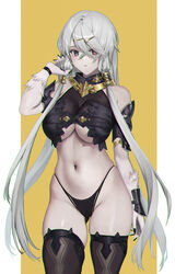  adjusting_hair armor ass_visible_through_thighs atelier_(series) atelier_ryza atelier_ryza_1 bare_shoulders black_armor black_nails black_panties black_thighhighs blue_eyes body_fur border breasts chromatic_aberration cowboy_shot crossed_bangs female fingernails grey_hair hair_between_eyes hair_ornament hairclip heterochromia highleg highleg_panties highres jeneral large_breasts lila_decyrus long_hair looking_at_viewer low_twintails mixed-language_commentary navel outside_border pale_skin panties parted_lips pillarboxed red_eyes sharp_fingernails simple_background skindentation solo thighhighs twintails underboob underwear very_long_hair white_border 