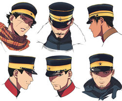  6+boys beard black_eyes black_hair blue_headwear buzz_cut commentary_request facial_hair facial_mark golden_kamuy hat imperial_japanese_army imperial_japanese_navy kepi koito_otonoshin looking_at_viewer male_focus military military_hat military_uniform moustache multiple_boys ogata_hyakunosuke open_mouth outline scar scar_on_cheek scar_on_face scar_on_nose scarf short_hair sugimoto_saichi tr_(lauralauraluara) tsukishima_hajime tsurumi_tokushirou uniform usami_tokishige very_short_hair yellow_eyes 