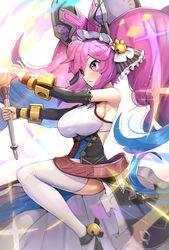  bell blue_hair bow breasts cleo_(dragalia_lost) commentary_request dragalia_lost dress female gonzarez gradient_hair hair_bell hair_ornament hair_ribbon hairbow highres large_breasts multicolored_hair pink_eyes pink_hair purple_hair ribbon solo staff twintails white_dress white_legwear 