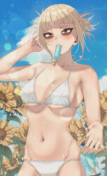  bags_under_eyes bikini blonde_hair blue_sky boku_no_hero_academia breasts chibi_228 cleavage cloud day double_bun female flower food food_in_mouth hair_bun halterneck hand_up highres medium_breasts mouth_hold narrowed_eyes navel outdoors popsicle popsicle_in_mouth sidelocks sky slit_pupils solo string_bikini sunflower swimsuit toga_himiko white_bikini yellow_eyes 