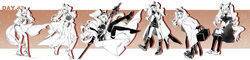  absurdly_long_hair absurdres ambience_synesthesia angelina_(arknights) angelina_(distinguished_visitor)_(arknights) angelina_(summer_flower)_(arknights) animal_ears arknights belt boots breath brown_background choker closed_eyes coat cold dress female floating fox_ears fox_tail from_side full_body fy_fei_xiao_ya gloves gradient_background headband heel_up highres kneehighs leaning_forward long_hair looking_to_the_side multiple_belts official_alternate_costume one-piece_swimsuit open_mouth ribbon_choker sandals see-through shoes simple_background smile sneakers socks standing swimsuit tail thigh_strap thighhighs twintails very_long_hair walking white_background wide_image 