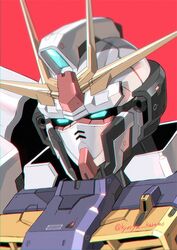  blue_eyes glowing glowing_eyes gundam gundam_walpurgis kuramochi_kyouryuu looking_down mecha mobile_suit no_humans over.on portrait red_background robot science_fiction solo twitter_username v-fin 