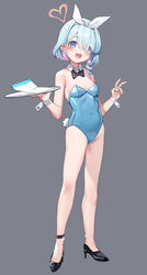  :d absurdres alternate_costume arona_(blue_archive) bare_legs bare_shoulders blue_archive blue_eyes blue_hair blue_leotard blush braid breasts covered_navel detached_collar female full_body hair_over_one_eye hair_ribbon hairband halo hands_up happy heart high_heels highres holding holding_tray legs legs_apart leotard looking_at_viewer medium_hair multicolored_hair pink_hair rabbit_tail ribbon single_braid skin_tight small_breasts smile solo somray standing tail tray two-tone_hair white_hairband white_ribbon wrist_cuffs 