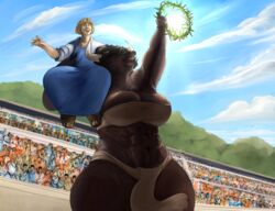  2023 abs anthro aristandros audience bandeau big_breasts black_body black_fur black_hair bottomwear bovid bovine breasts brown_hair cleavage clothed clothing digit_ring doctordj duo_focus eleutheria_avarta european_mythology female female_anthro female_on_human finger_ring fur greek_mythology group hair hi_res human human_on_anthro husband_and_wife interspecies jewelry larger_anthro larger_female loincloth male male/female male_human male_on_anthro mammal married_couple minotaur muscular muscular_anthro muscular_female mythology navel open_mouth open_smile ring robe size_difference smaller_human smaller_male smile topwear wedding_ring wreath 