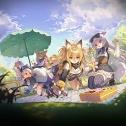  5girls animal_ears animal_hands bad_link bag bento blonde_hair blue_eyes bow cat_ears cat_girl cloud cloudy_sky de_lisle_(coyote_blues)_(girls&#039;_frontline) de_lisle_(girls&#039;_frontline) drill_hair fleeing food furrification furry furry_female girls&#039;_frontline grass green_eyes hair_between_eyes hairbow hat heterochromia highres ice_cream_cone kneeling long_hair majiang mini_person minigirl mk_12_(food_thief&#039;s_righteousness)_(girls&#039;_frontline) mk_12_(girls&#039;_frontline) mouse_ears mouse_girl multiple_girls official_alternate_costume official_art open_mouth outdoors parasol picnic pig_ears pig_girl pm-9_(girls&#039;_frontline) pm-9_(invincible_golden_tornado)_(girls&#039;_frontline) red_eyes sky tabuk_(girls&#039;_frontline) tabuk_(three_little_piggy_renters)_(girls&#039;_frontline) tail thighhighs tokarev_(girls&#039;_frontline) tokarev_(snowfall_in_the_alley)_(girls&#039;_frontline) umbrella yellow_eyes 