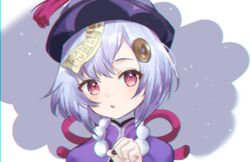  bad_id bad_pixiv_id black_nails blush commentary_request female genshin_impact hair_between_eyes hair_ornament hand_up hat jacket looking_at_viewer nail_polish ofuda parted_lips portrait purple_hair purple_hat purple_jacket qingdai_guanmao qiqi_(genshin_impact) red_eyes rotmico solo upper_body white_background 