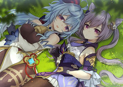  2girls ahoge bare_shoulders bell black_gloves blue_hair breasts cha0198 choker cone_hair_bun detached_sleeves double_bun dress frilled_gloves frills ganyu_(genshin_impact) genshin_impact gloves gold_trim grass hair_bun hair_ears hair_ornament hairpin horns keqing_(genshin_impact) long_hair looking_at_viewer lying medium_breasts multiple_girls neck_bell on_back pantyhose purple_choker purple_dress purple_eyes purple_hair smile twintails vision_(genshin_impact) white_sleeves 