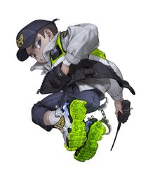  1boy absurdres black_hat black_pants blue_eyes brown_hair commentary cuffs from_behind hand_in_pocket handcuffs hat highres jacket lolicon long_sleeves looking_at_viewer looking_back male_focus original pants parted_lips police police_uniform shoes short_hair simple_background socks solo symbol-only_commentary tto_ja uniform white_background 