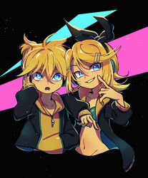  1boy aqua_bra aqua_eyes blonde_hair blue_eyes bow bra brother_and_sister collarbone commentary elbow_on_another&#039;s_shoulder elbow_rest female finger_to_cheek grin hair_ornament hairbow hairclip hand_in_pocket headphones highres hood hoodie kagamine_len kagamine_rin looking_at_viewer midriff navel open_clothes open_mouth pink_pupils short_hair siblings smile tan twins two-tone_hoodie ukata underwear urban urban_style vocaloid yellow_hoodie 