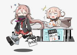  2girls ^^^ bad_id bad_pixiv_id bag beamed_eighth_notes black_jacket black_legwear black_scarf blank_eyes blonde_hair book box braid brown_hair cardboard_box carrying_bag cevio chibi closed_eyes earmuffs eighth_note flyer holding holding_bag holding_book ia_(vocaloid) jacket kneehighs long_hair medium_hair multiple_girls musical_note necktie one_(cevio) plaid plaid_skirt red_necktie scarf shidoh279 shirt shoes shopping_bag single_thighhigh sitting skirt sneakers socks table thigh_strap thighhighs tote_bag translated very_long_hair vocaloid walking white_background white_shirt 